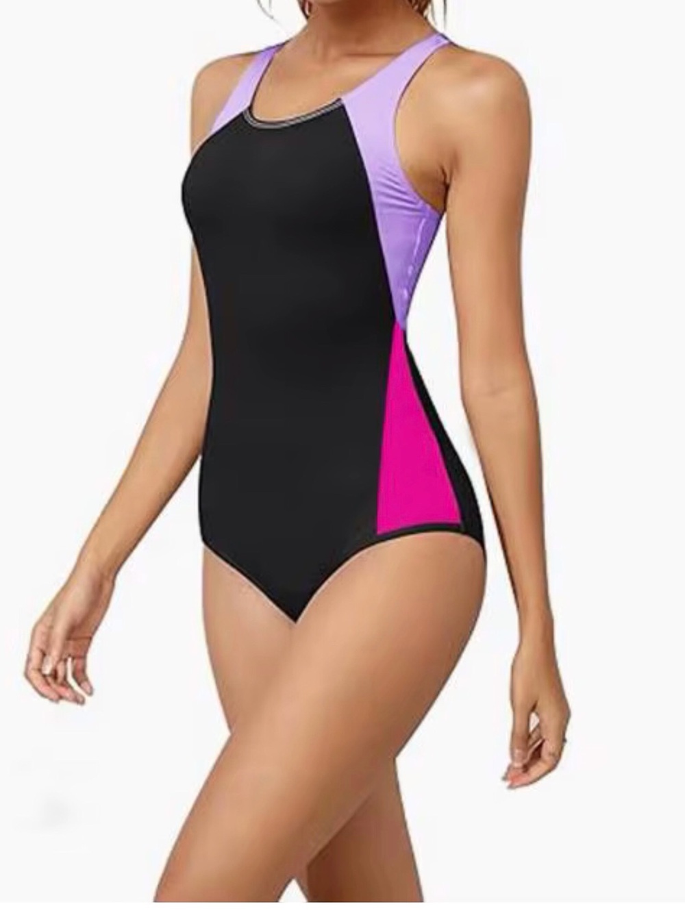 Black One-Piece Swimsuit with Lavender Shoulders & Fuchsia Side Panels - Women